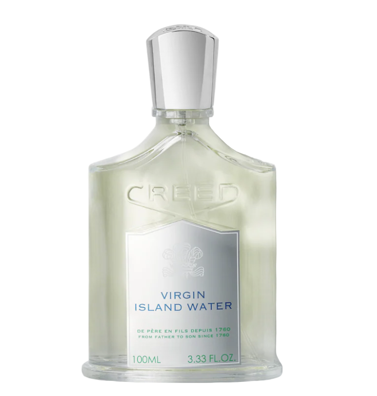 Creed Virgin Island Water perfume bottle on a white background