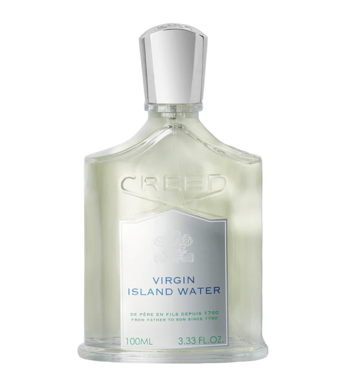 Creed Virgin Island Water perfume bottle on a white background