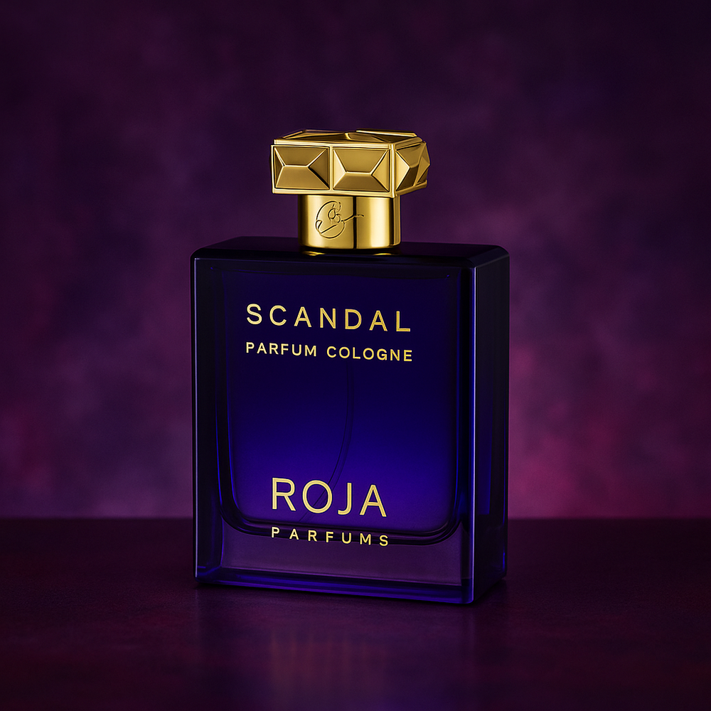 Scandal Parfum Cologne bottle by Roja Parfums on a purple background