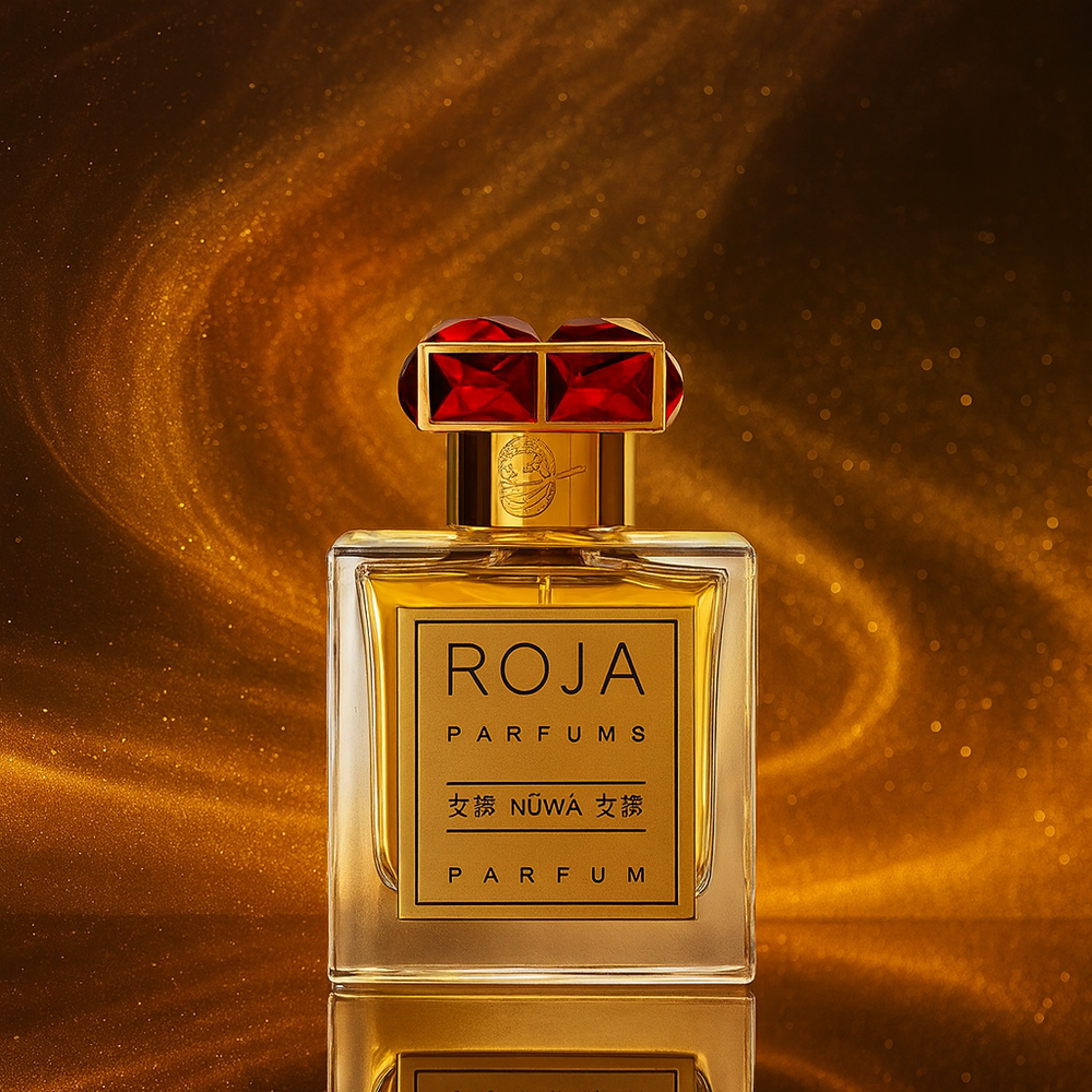 Gold Roja Parfums perfume bottle with red accents on a swirling gold and brown background